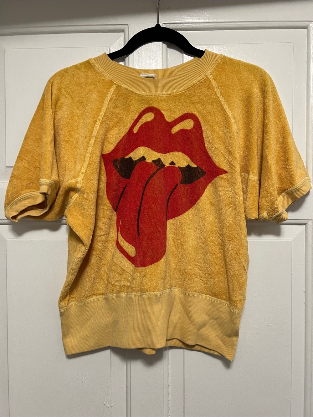 MadeWorn Terry Graphic Short-Sleeve Sweatshirt Mustard with Rolling Stones Print